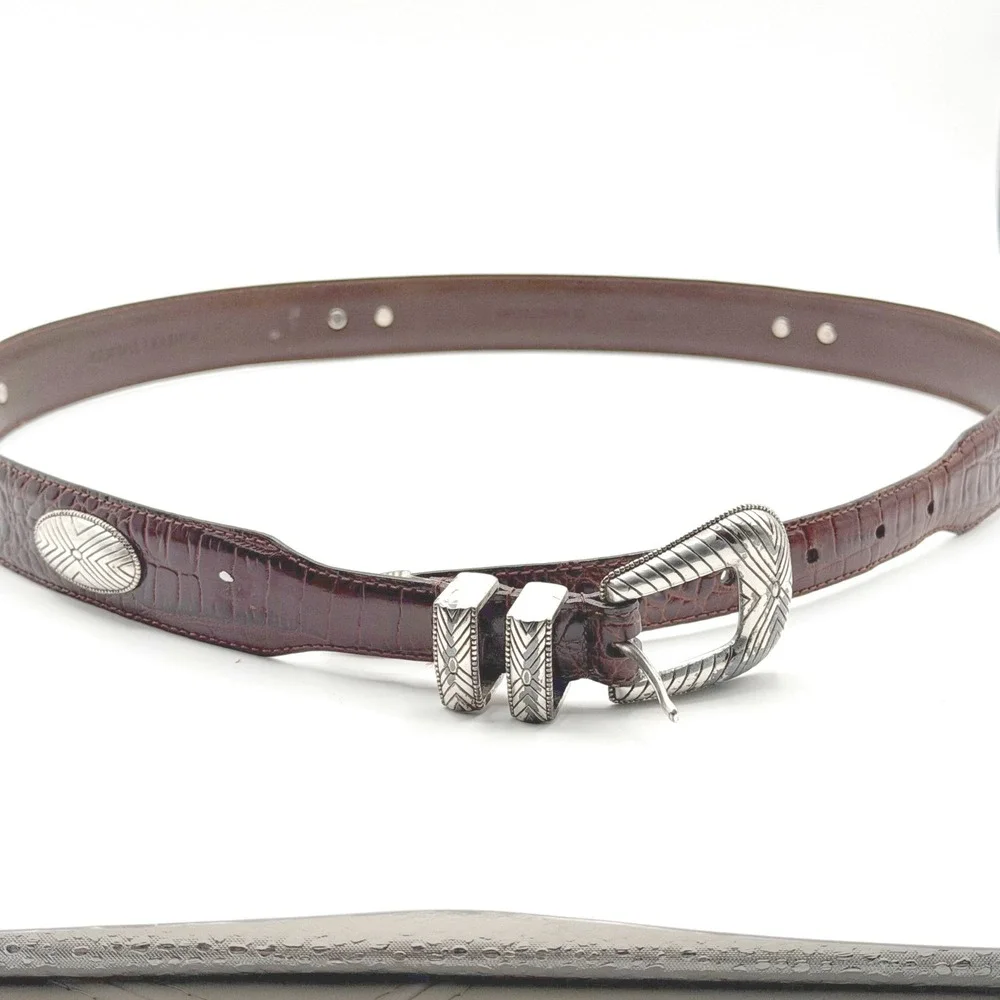 Fossil Brown‎ Croc Embossed Leather Belt Size 38 Silver Enraved Westerncore